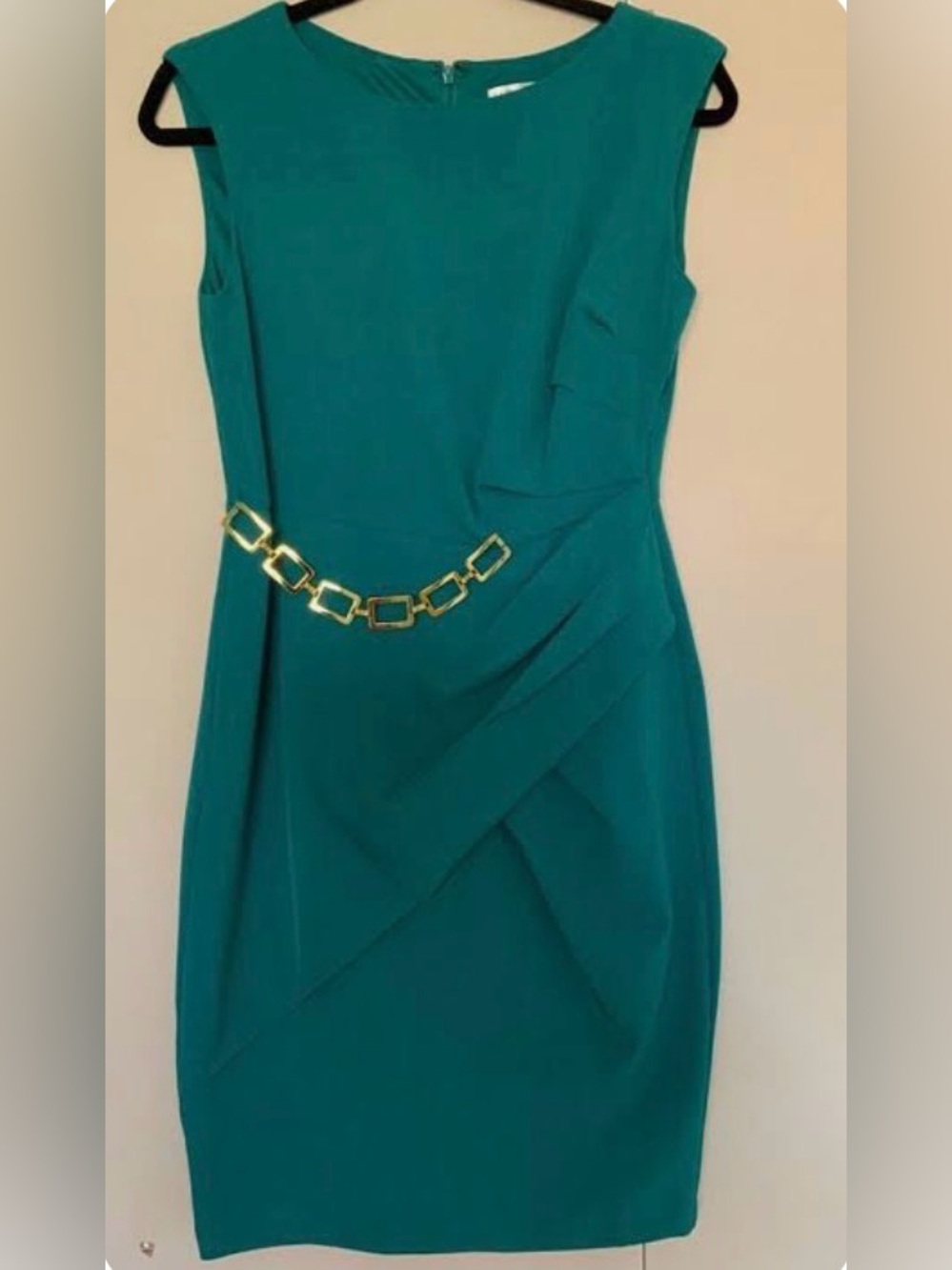 Sandra Darren Teal Midi Sheath Dress with Gold Link Chain Sz 6